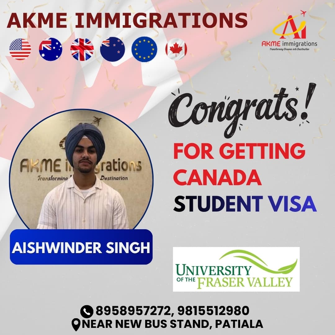 Aishwinder Singh - Canada Student Visa by AKME Immigrations Patiala